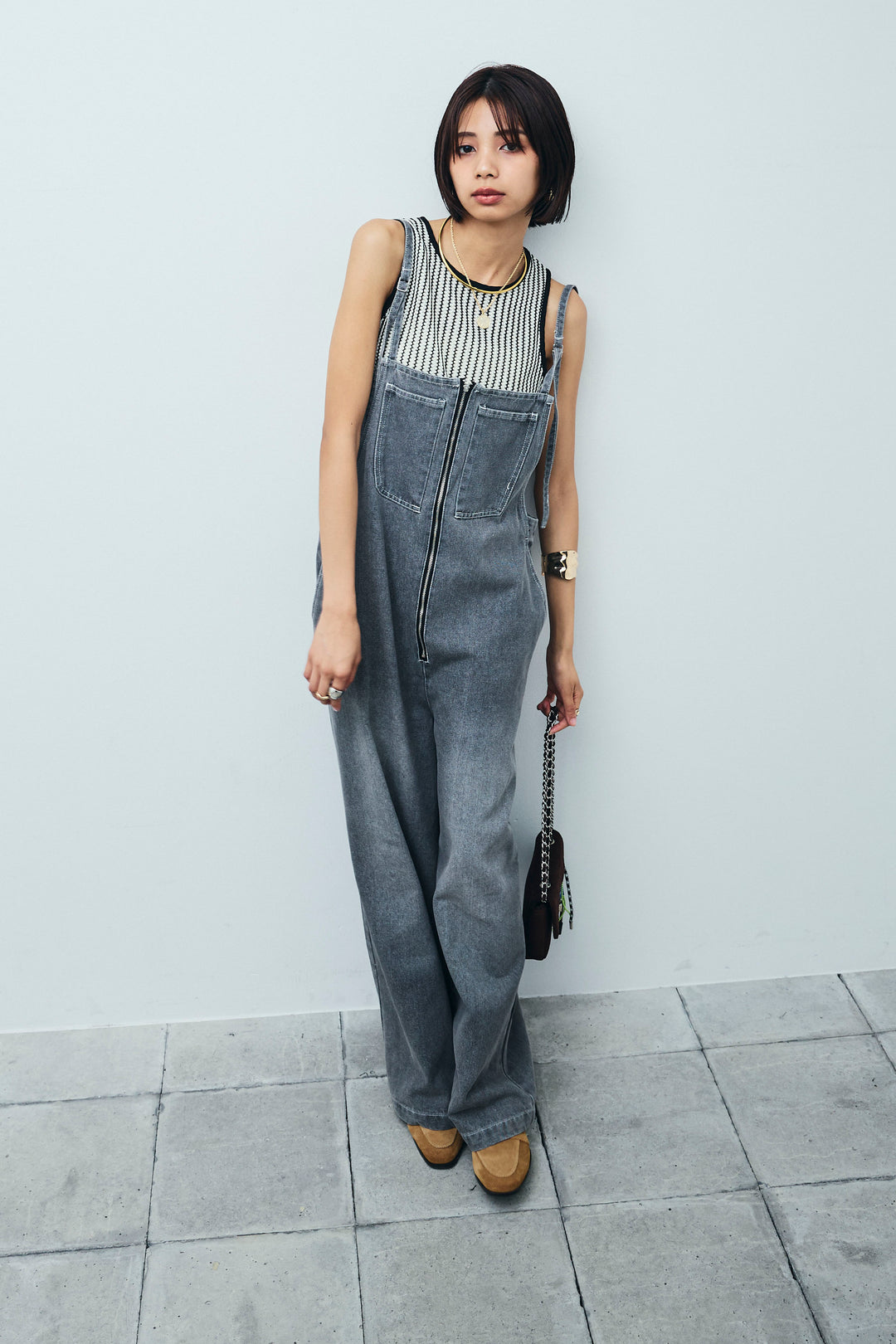 [予約/SET]ストライプレースタンクトップ+フロントジップストラップデザインデニムサロペット(2set)