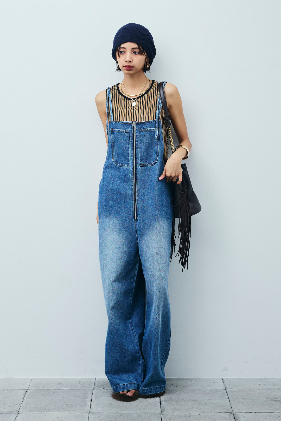 [予約/SET]ストライプレースタンクトップ+フロントジップストラップデザインデニムサロペット(2set)