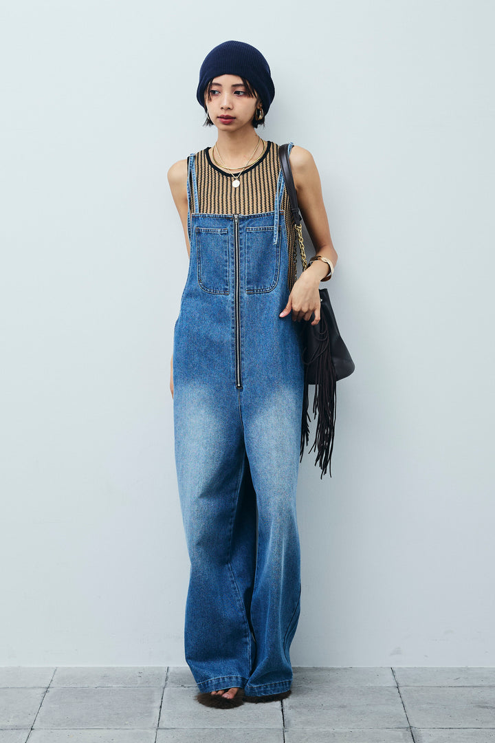 [予約/SET]ストライプレースタンクトップ+フロントジップストラップデザインデニムサロペット(2set)