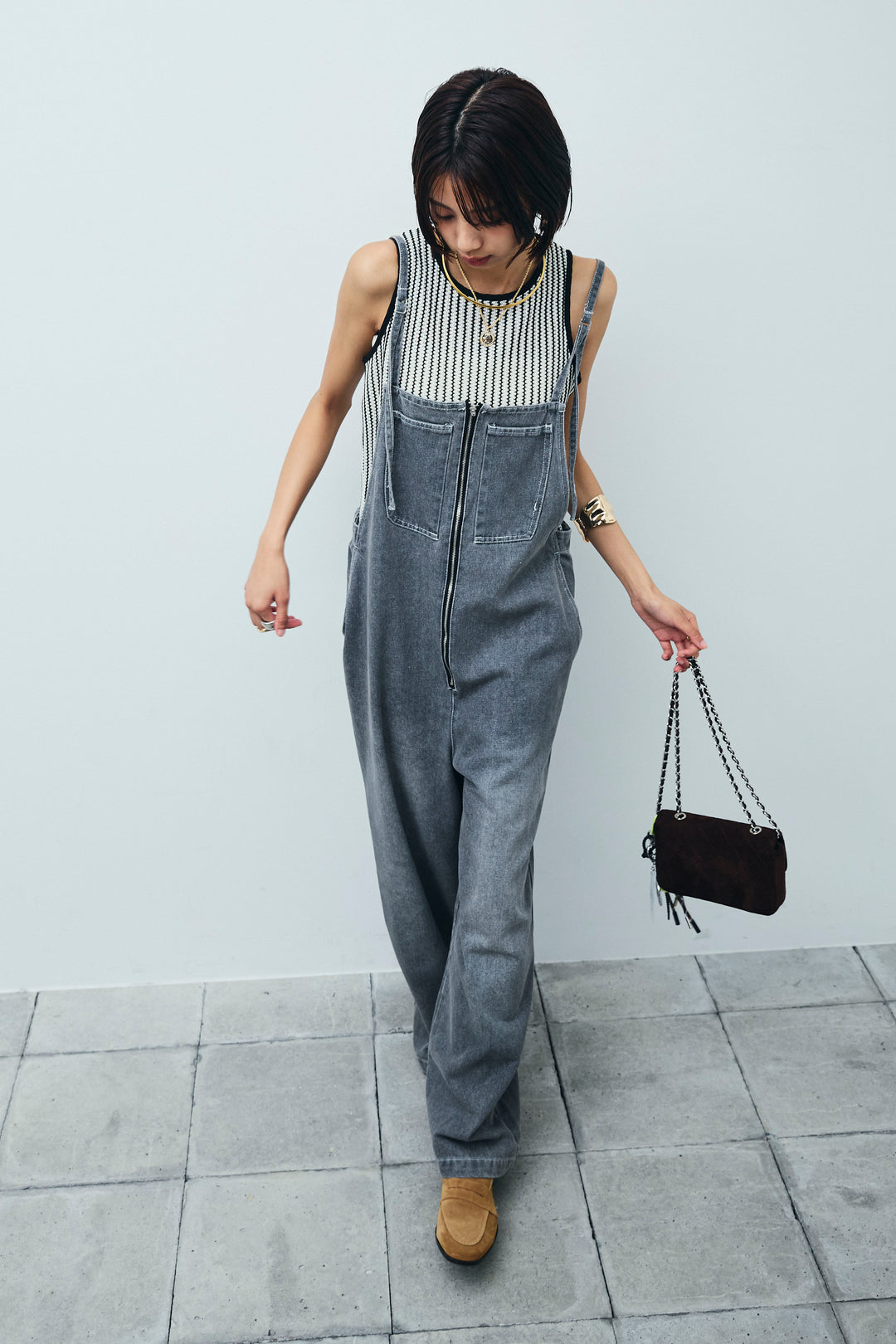 [予約/SET]ストライプレースタンクトップ+フロントジップストラップデザインデニムサロペット(2set)