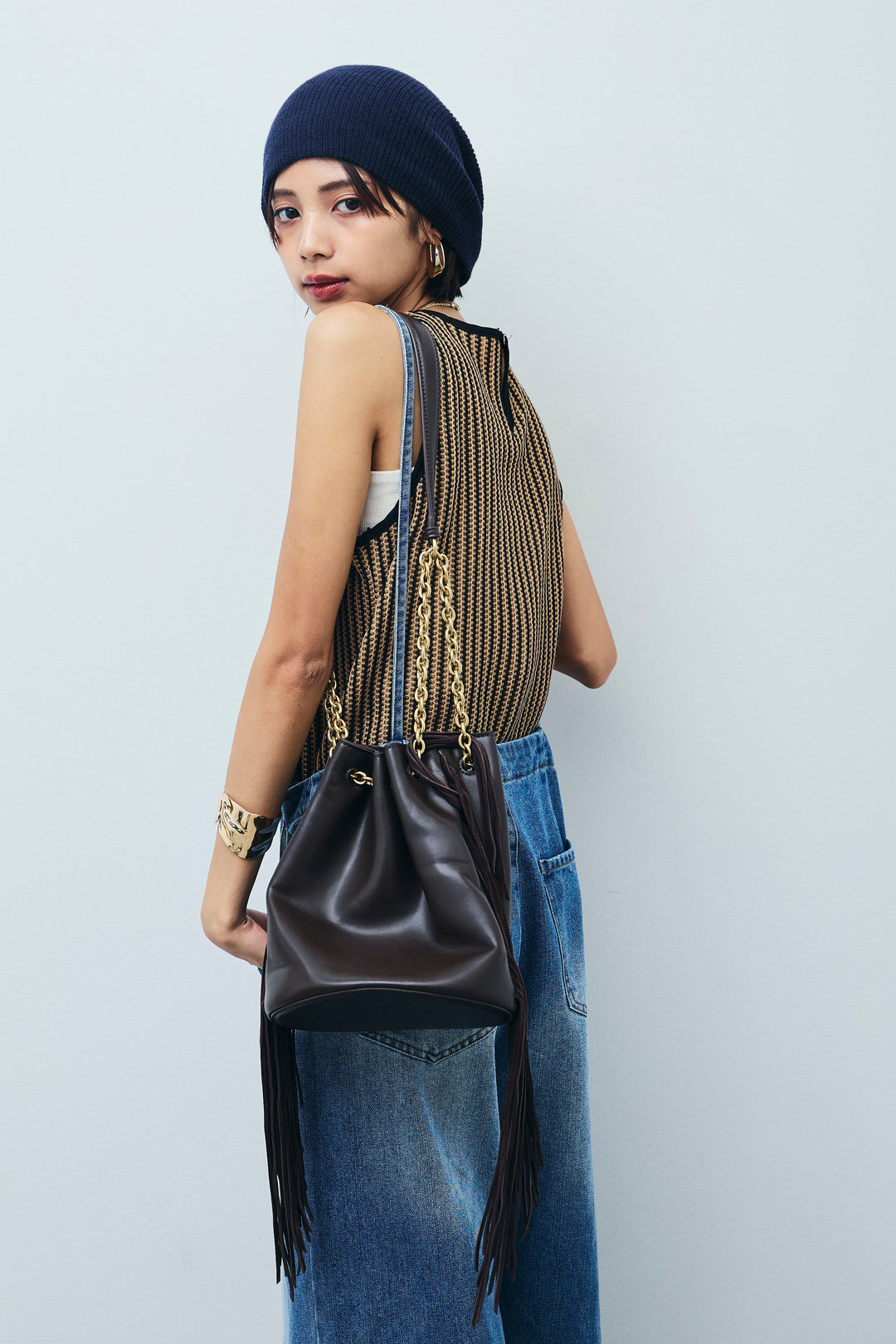 [予約/SET]ストライプレースタンクトップ+フロントジップストラップデザインデニムサロペット(2set)