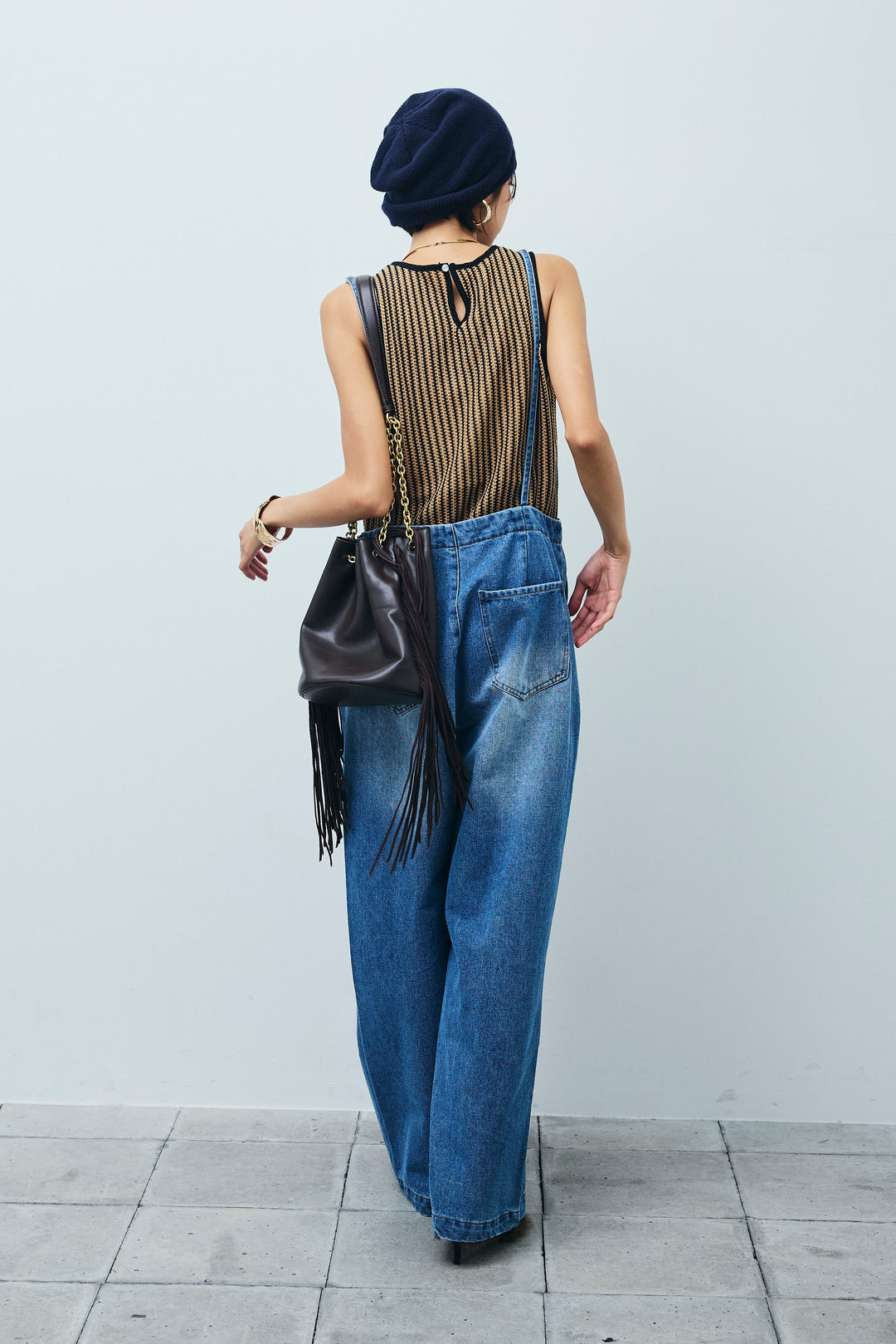 [予約/SET]ストライプレースタンクトップ+フロントジップストラップデザインデニムサロペット(2set)