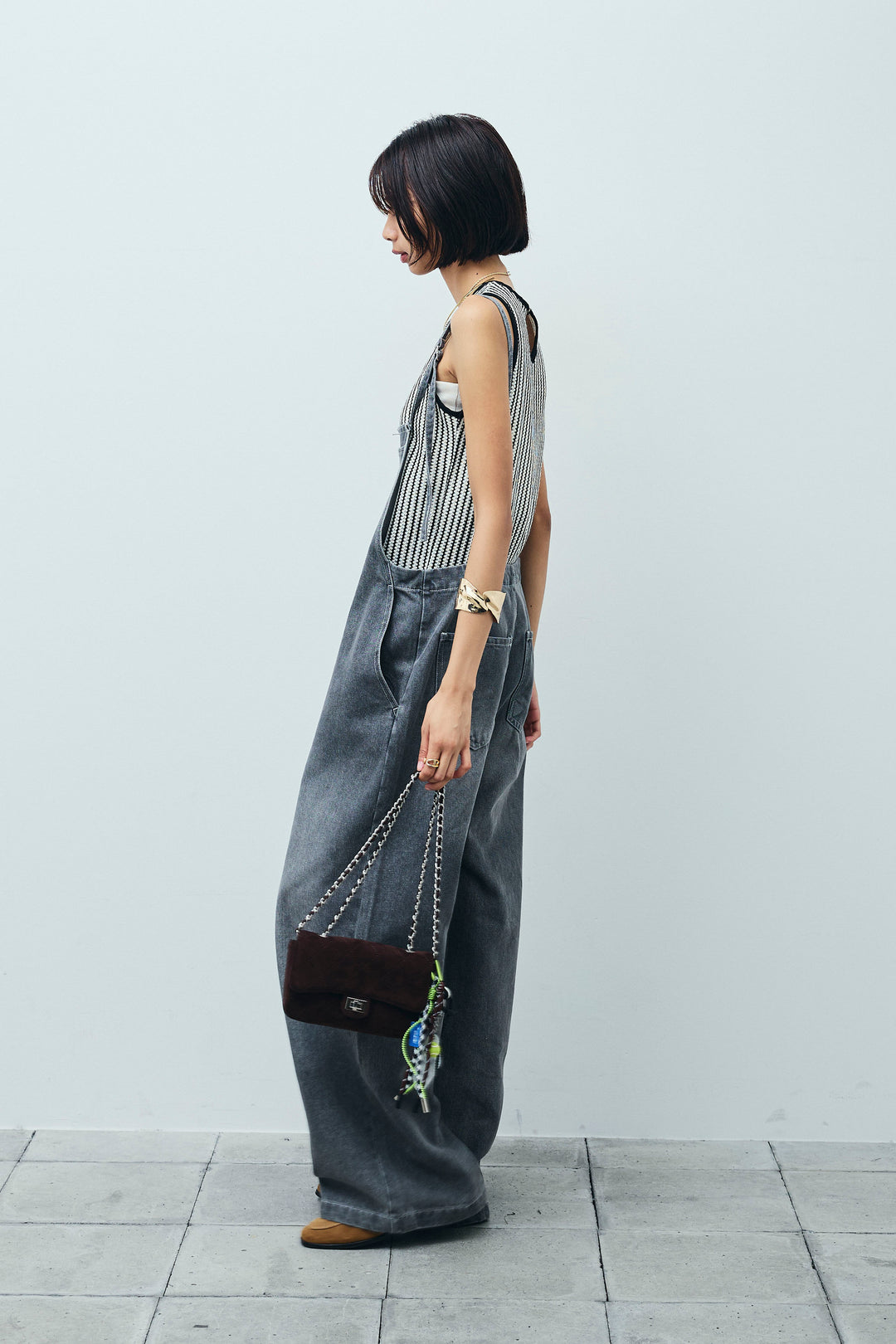 [予約/SET]ストライプレースタンクトップ+フロントジップストラップデザインデニムサロペット(2set)