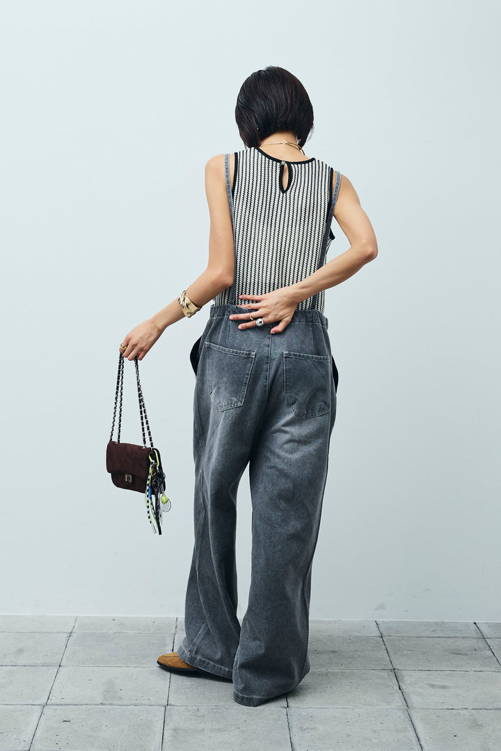 [予約/SET]ストライプレースタンクトップ+フロントジップストラップデザインデニムサロペット(2set)