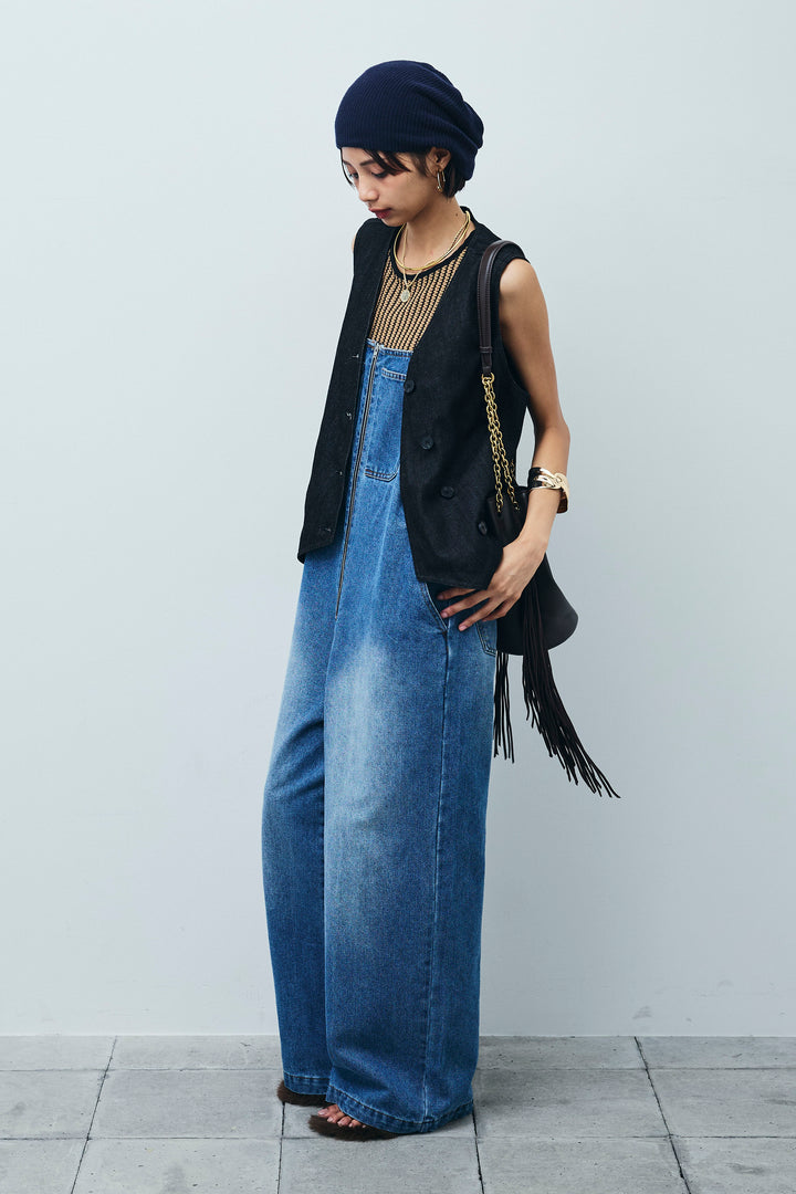 [予約/SET]アシメボタンデニムベスト+フロントジップストラップデザインデニムサロペット(2set)
