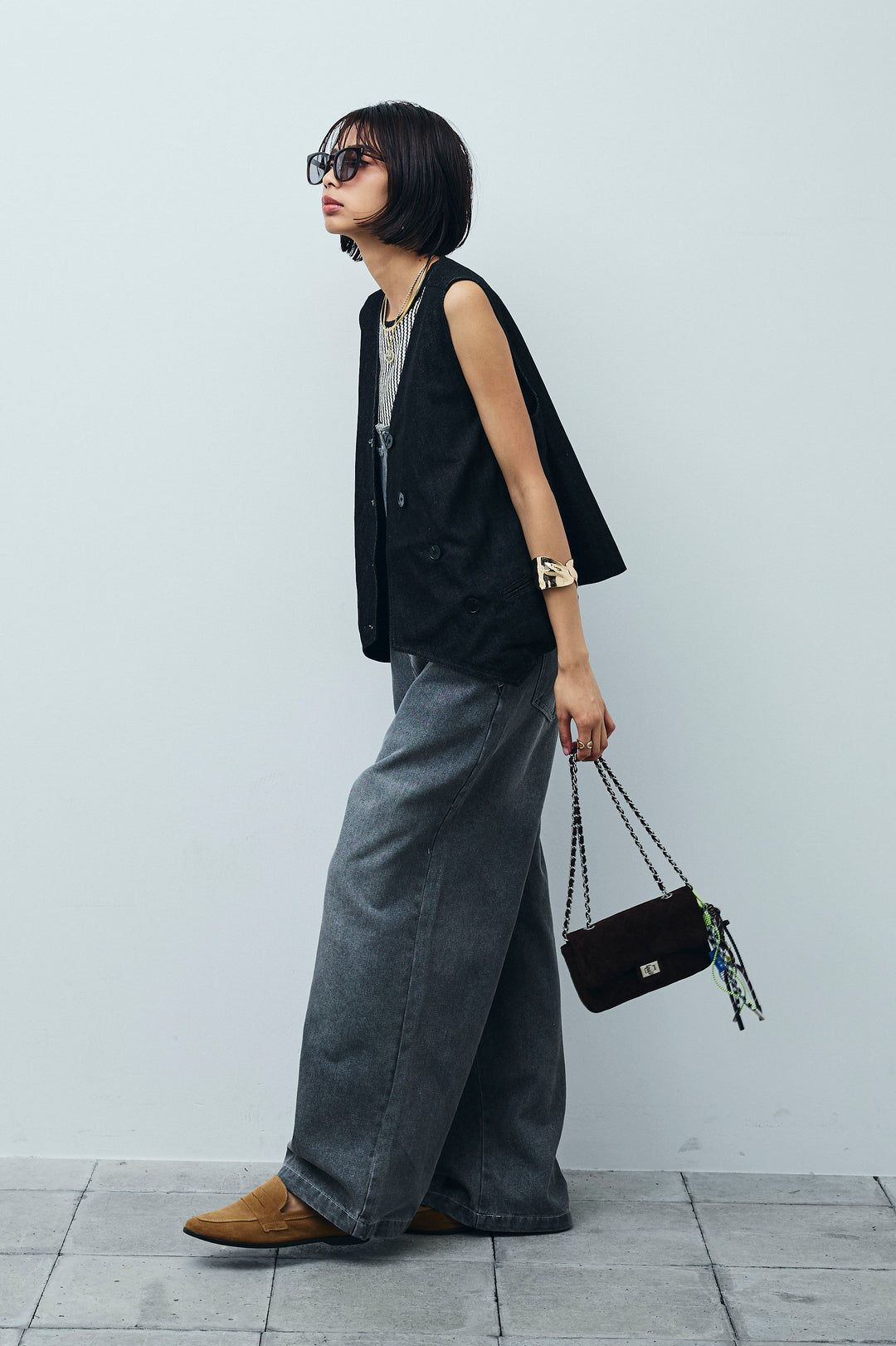 [予約/SET]アシメボタンデニムベスト+ストライプレースタンクトップ+フロントジップストラップデザインデニムサロペット(3set)