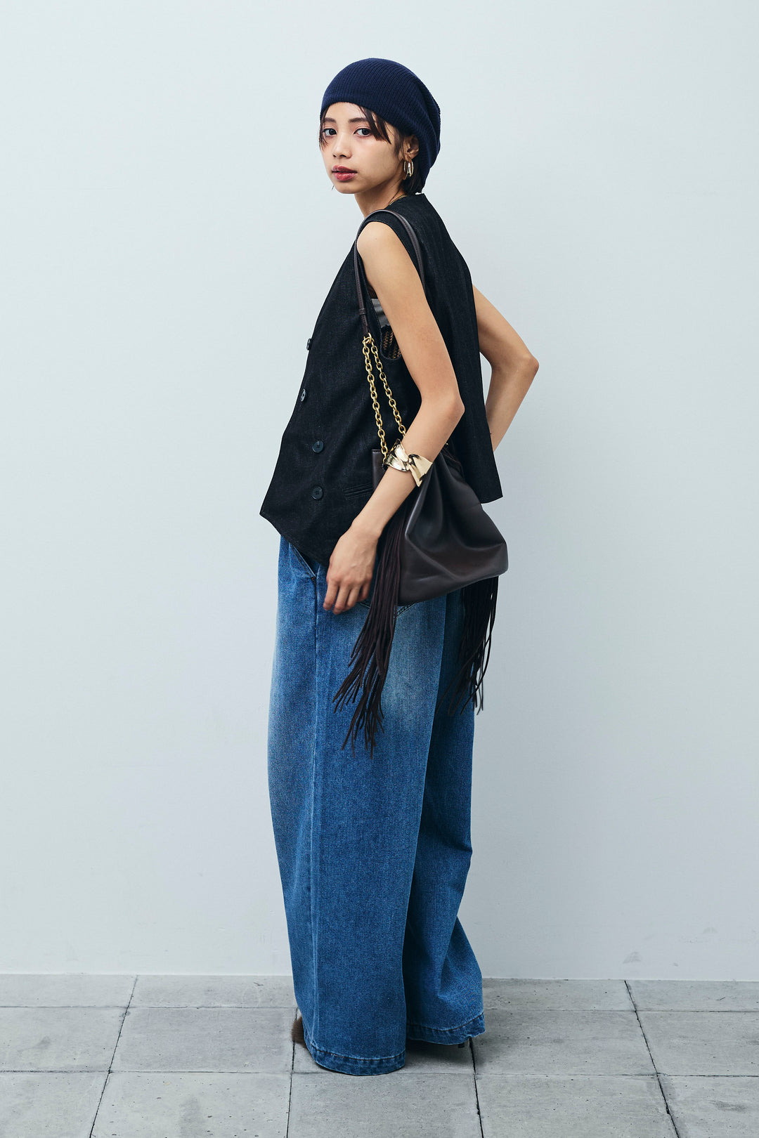 [予約/SET]アシメボタンデニムベスト+フロントジップストラップデザインデニムサロペット(2set)