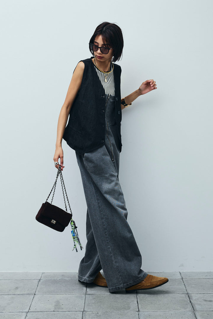 [予約/SET]アシメボタンデニムベスト+ストライプレースタンクトップ+フロントジップストラップデザインデニムサロペット(3set)