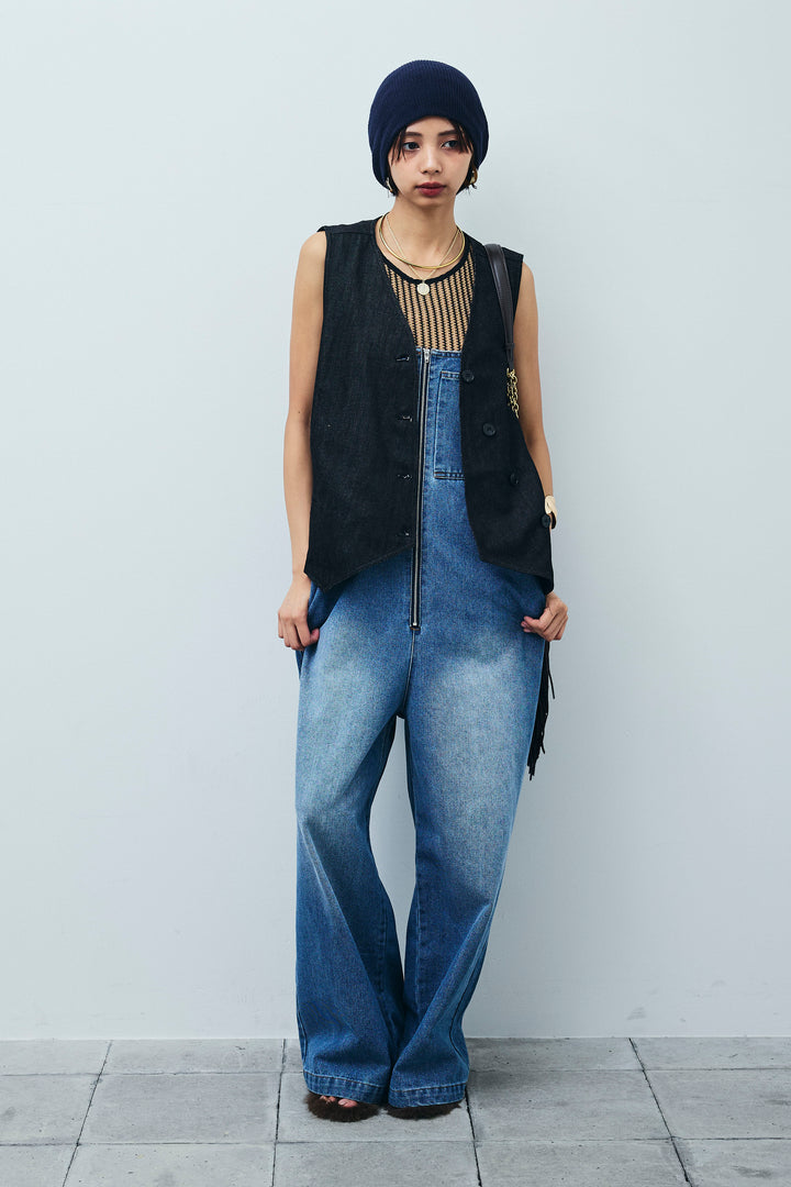 [予約/SET]アシメボタンデニムベスト+ストライプレースタンクトップ+フロントジップストラップデザインデニムサロペット(3set)