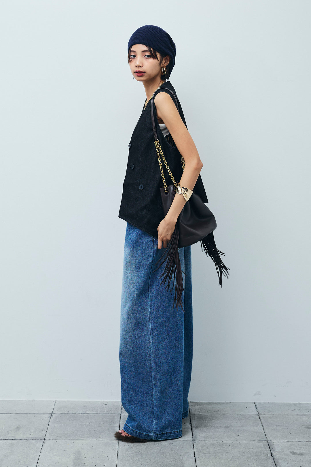 [予約/SET]アシメボタンデニムベスト+フロントジップストラップデザインデニムサロペット(2set)