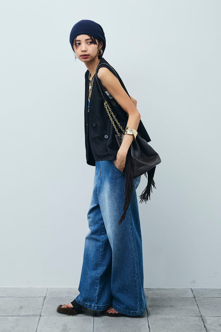 [予約/SET]アシメボタンデニムベスト+ストライプレースタンクトップ+フロントジップストラップデザインデニムサロペット(3set)