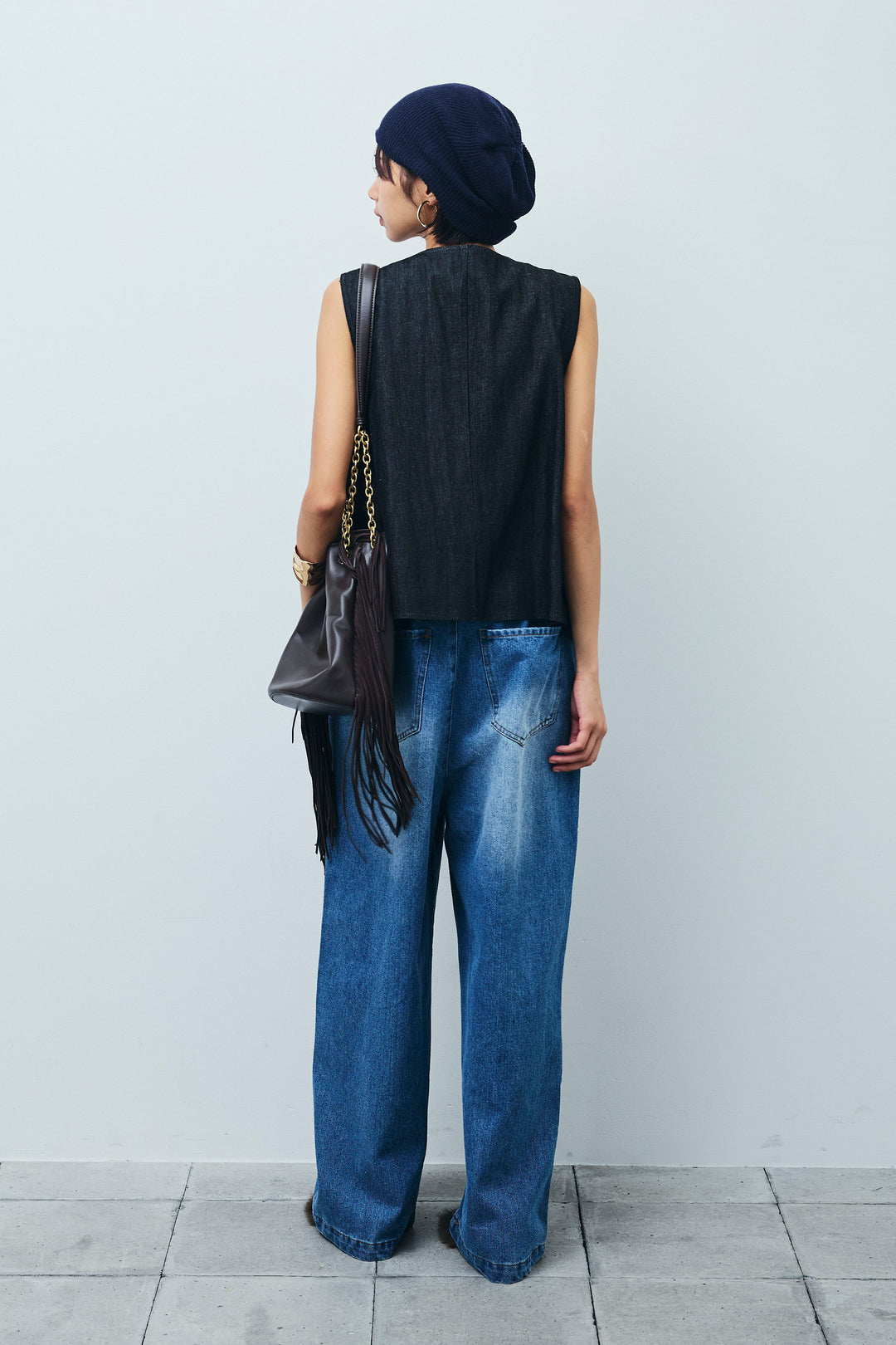 [予約/SET]アシメボタンデニムベスト+ストライプレースタンクトップ+フロントジップストラップデザインデニムサロペット(3set)