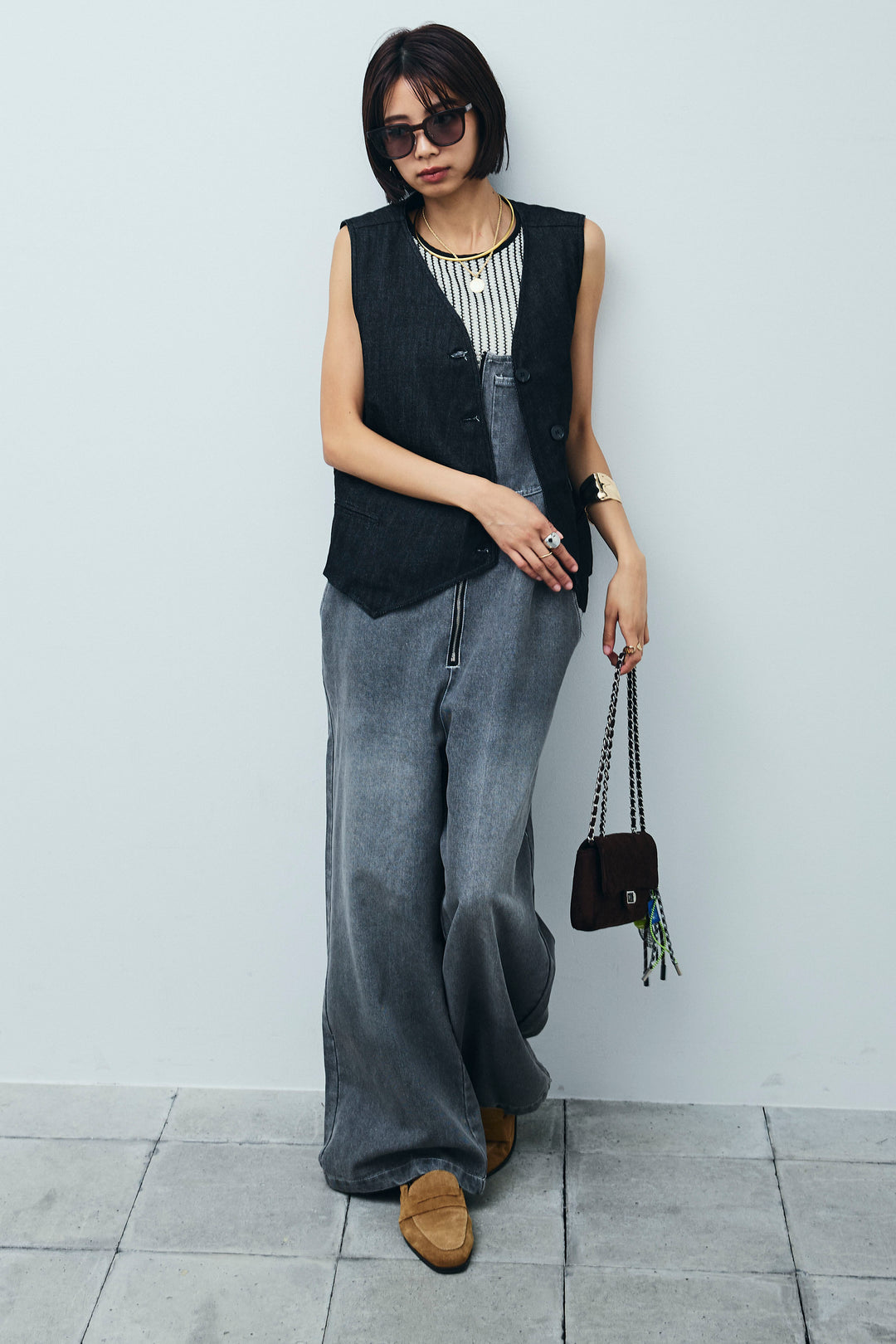 [予約/SET]アシメボタンデニムベスト+ストライプレースタンクトップ+フロントジップストラップデザインデニムサロペット(3set)