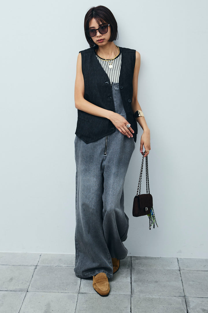 [予約/SET]アシメボタンデニムベスト+ストライプレースタンクトップ+フロントジップストラップデザインデニムサロペット(3set)