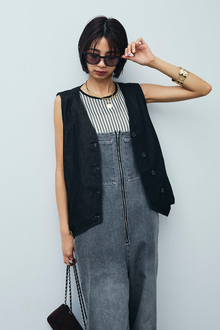 [予約/SET]アシメボタンデニムベスト+ストライプレースタンクトップ+フロントジップストラップデザインデニムサロペット(3set)