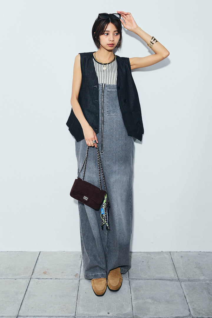 [予約/SET]アシメボタンデニムベスト+ストライプレースタンクトップ+フロントジップストラップデザインデニムサロペット(3set)