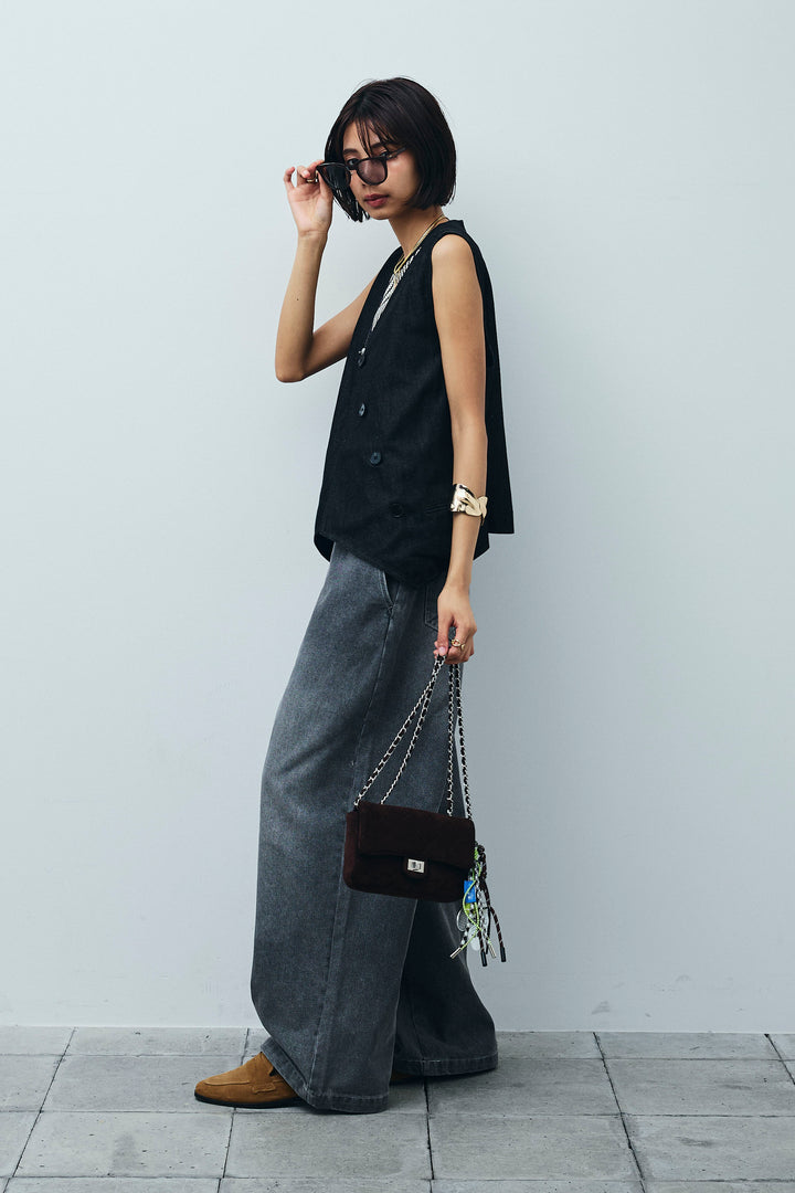 [予約/SET]アシメボタンデニムベスト+ストライプレースタンクトップ+フロントジップストラップデザインデニムサロペット(3set)