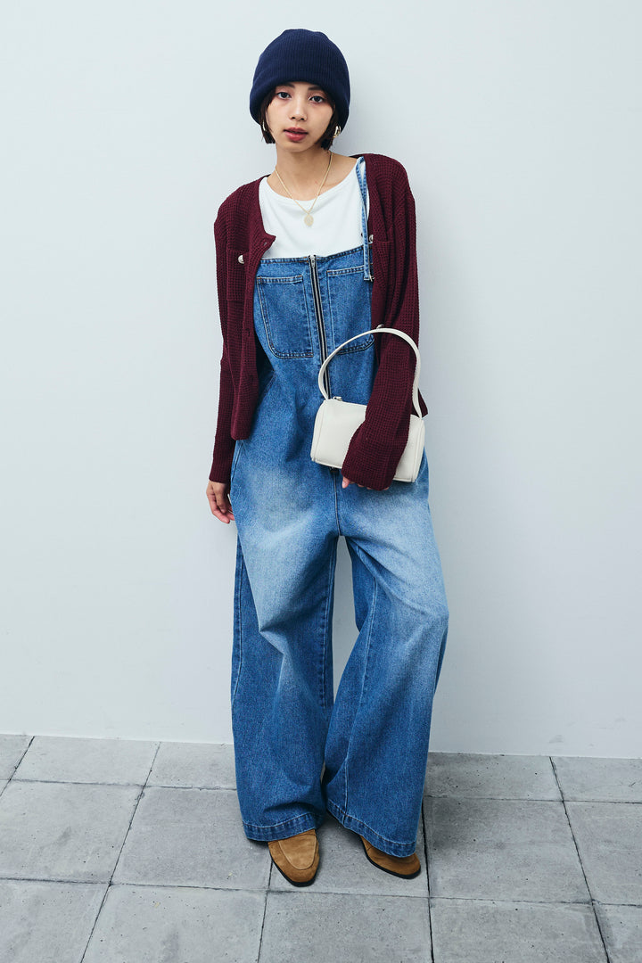 [予約/SET]リネンタッチ金ボタンカーデ+テレコリブカップ付きノースリーブ トップス+フロントジップストラップデザインデニムサロペット(3set)