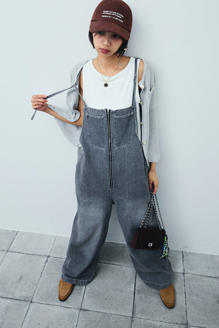 [予約/SET]リネンタッチ金ボタンカーデ+フロントジップストラップデザインデニムサロペット(2set)