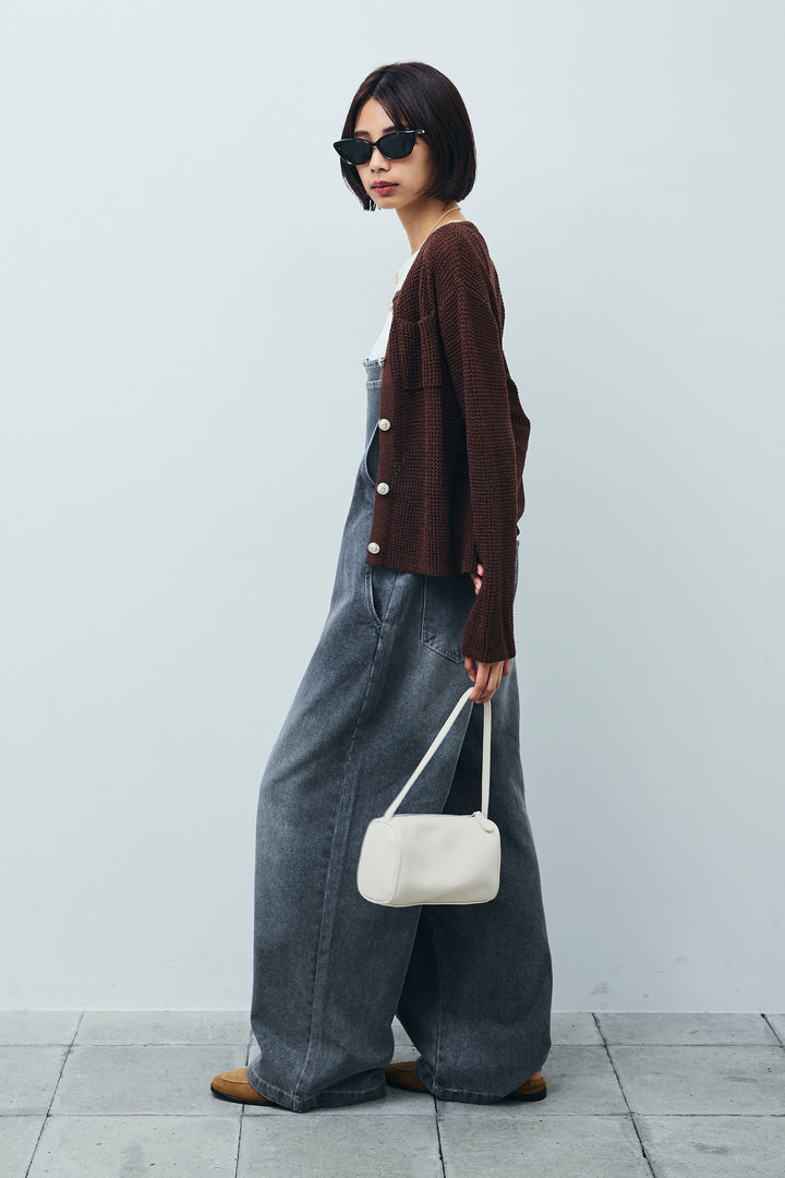 [予約/SET]リネンタッチ金ボタンカーデ+フロントジップストラップデザインデニムサロペット(2set)