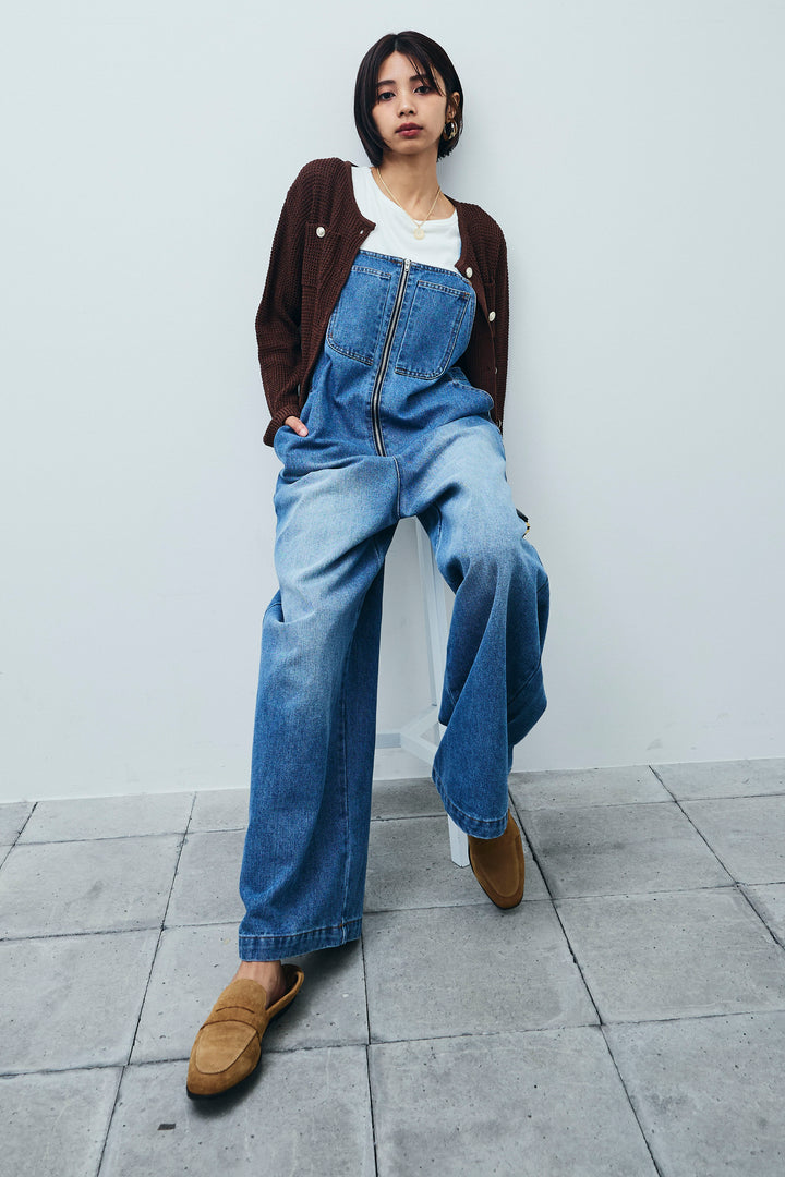 [予約/SET]リネンタッチ金ボタンカーデ+テレコリブカップ付きノースリーブ トップス+フロントジップストラップデザインデニムサロペット(3set)