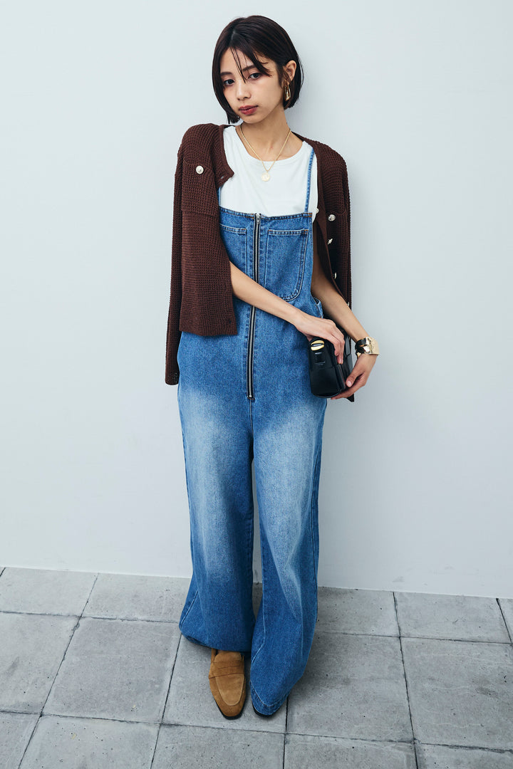 [予約/SET]リネンタッチ金ボタンカーデ+フロントジップストラップデザインデニムサロペット(2set)