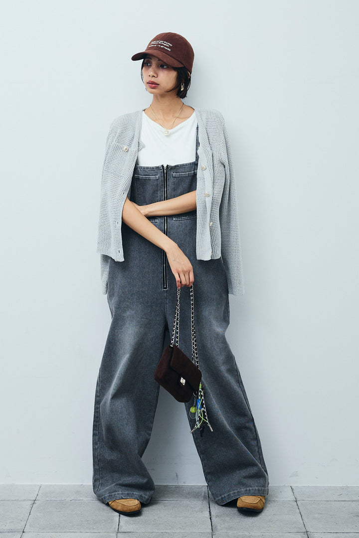 [予約/SET]リネンタッチ金ボタンカーデ+フロントジップストラップデザインデニムサロペット(2set)