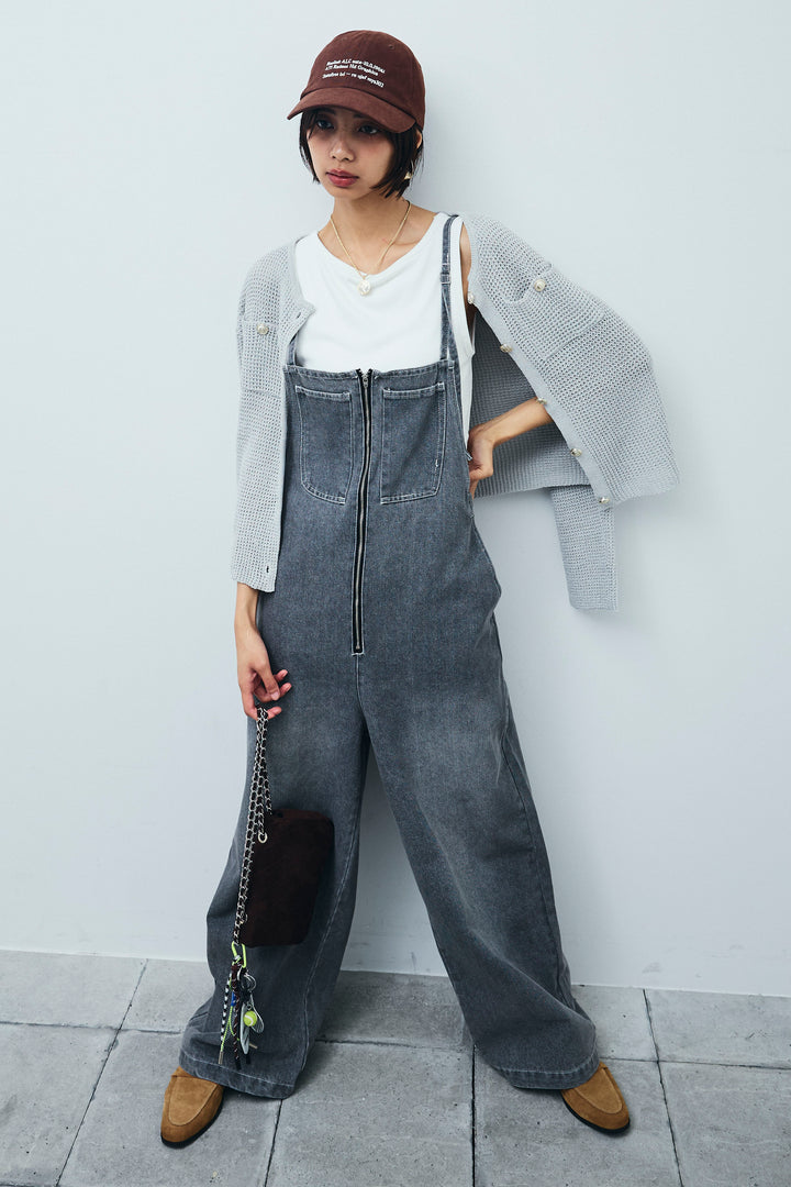 [予約/SET]リネンタッチ金ボタンカーデ+テレコリブカップ付きノースリーブ トップス+フロントジップストラップデザインデニムサロペット(3set)