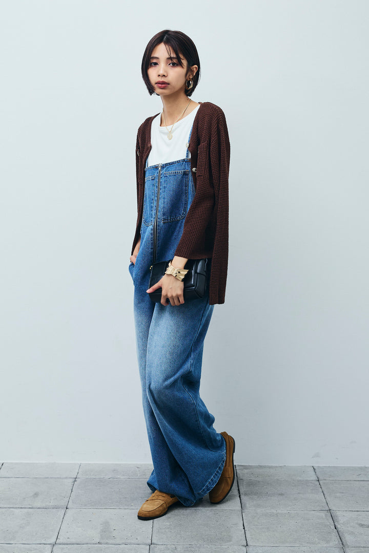 [予約/SET]リネンタッチ金ボタンカーデ+テレコリブカップ付きノースリーブ トップス+フロントジップストラップデザインデニムサロペット(3set)