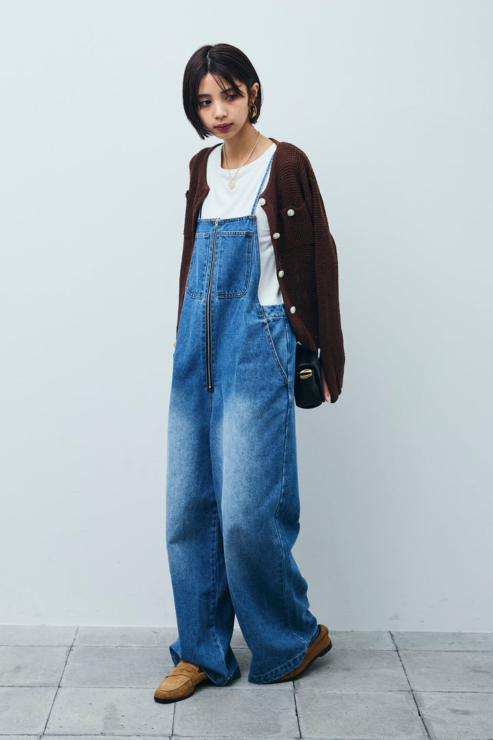 [予約/SET]リネンタッチ金ボタンカーデ+テレコリブカップ付きノースリーブ トップス+フロントジップストラップデザインデニムサロペット(3set)