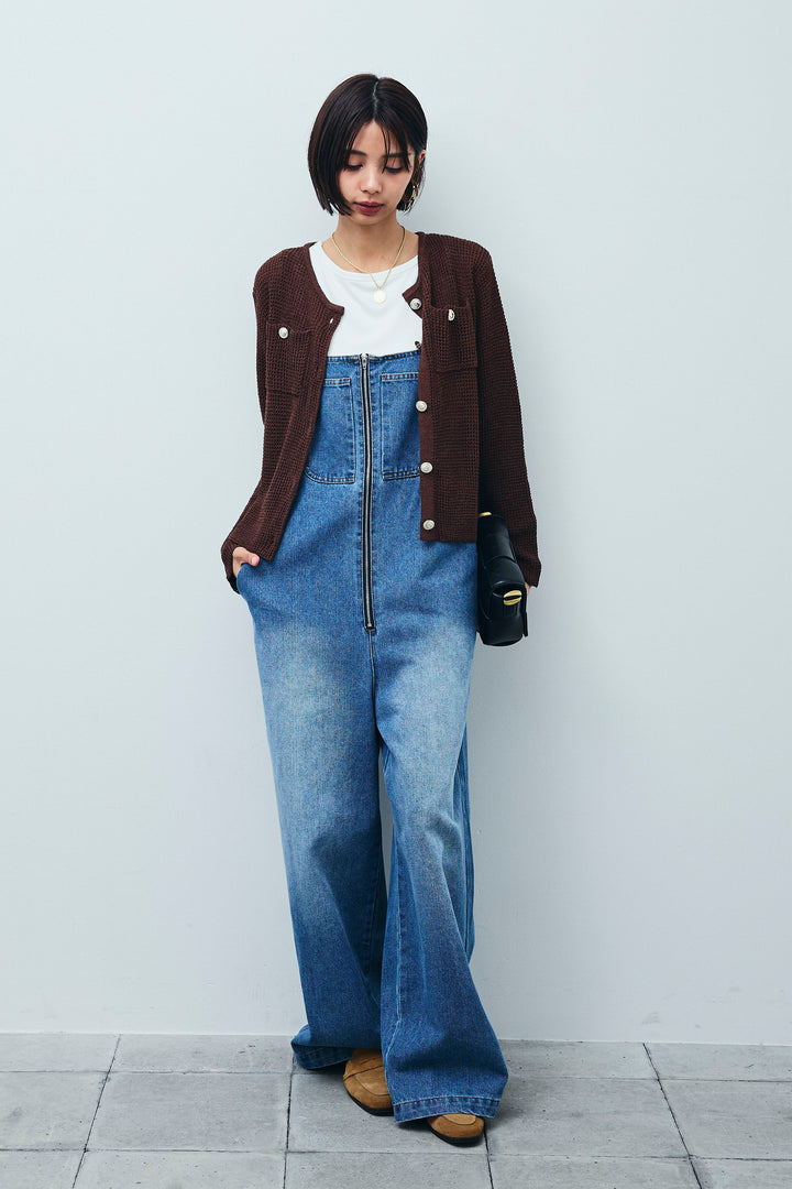 [予約/SET]リネンタッチ金ボタンカーデ+テレコリブカップ付きノースリーブ トップス+フロントジップストラップデザインデニムサロペット(3set)