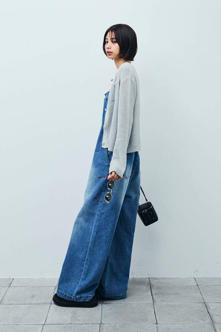 [予約/SET]リネンタッチ金ボタンカーデ+テレコリブカップ付きノースリーブ トップス+フロントジップストラップデザインデニムサロペット(3set)