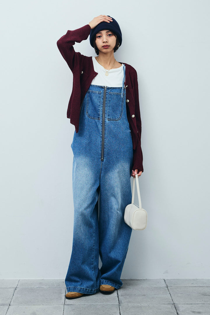 [予約/SET]リネンタッチ金ボタンカーデ+フロントジップストラップデザインデニムサロペット(2set)