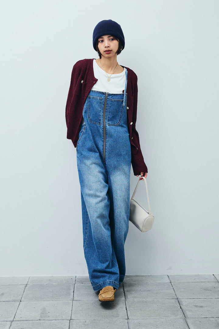 [予約/SET]リネンタッチ金ボタンカーデ+フロントジップストラップデザインデニムサロペット(2set)