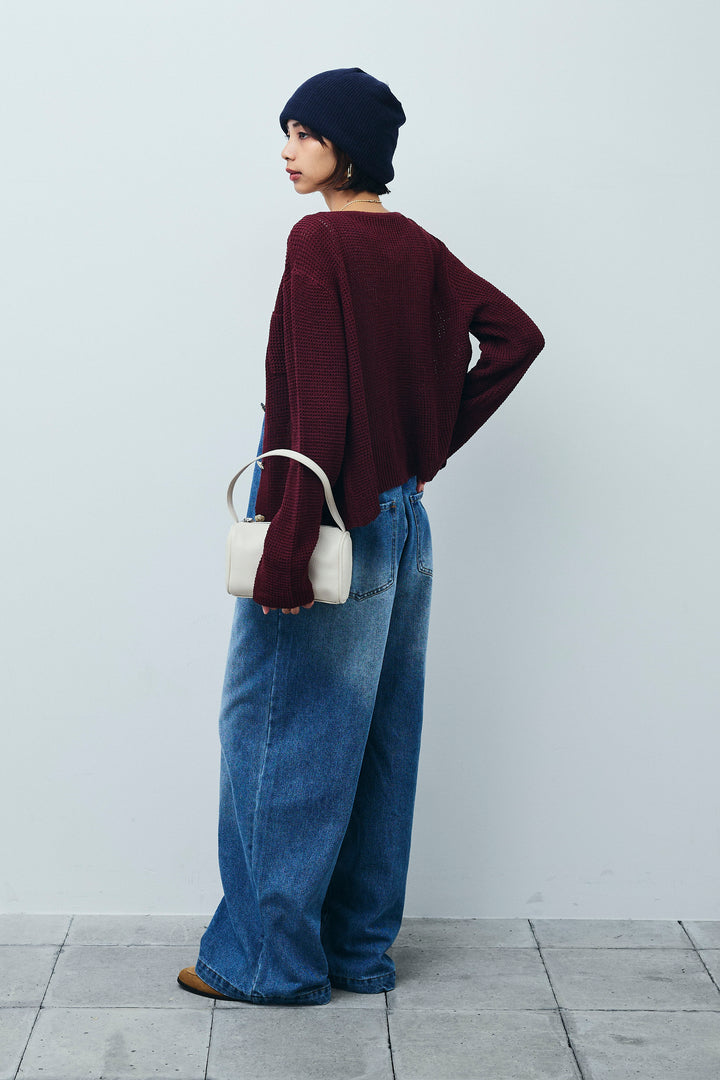 [予約/SET]リネンタッチ金ボタンカーデ+テレコリブカップ付きノースリーブ トップス+フロントジップストラップデザインデニムサロペット(3set)