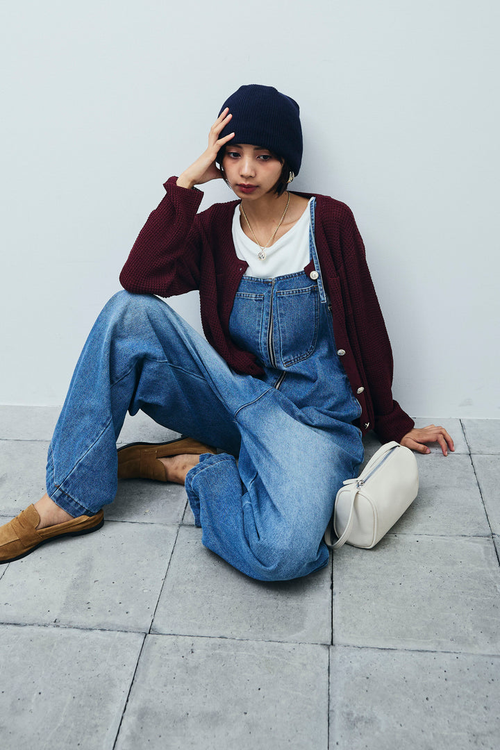 [予約/SET]リネンタッチ金ボタンカーデ+テレコリブカップ付きノースリーブ トップス+フロントジップストラップデザインデニムサロペット(3set)