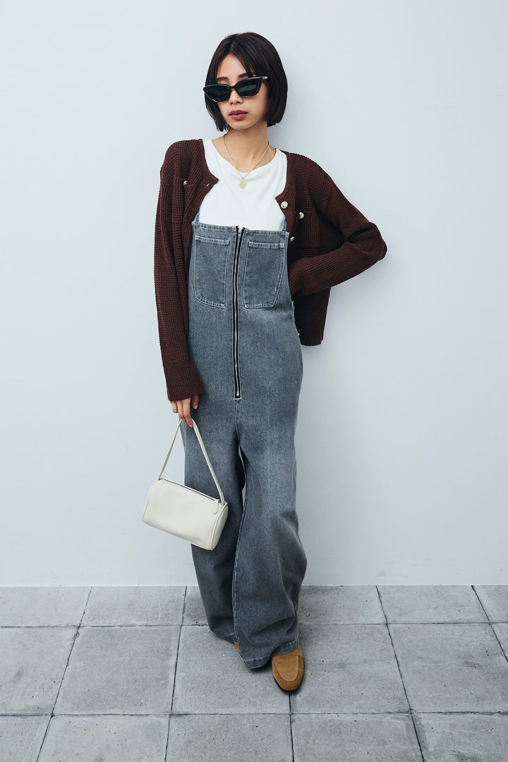 [予約/SET]リネンタッチ金ボタンカーデ+フロントジップストラップデザインデニムサロペット(2set)