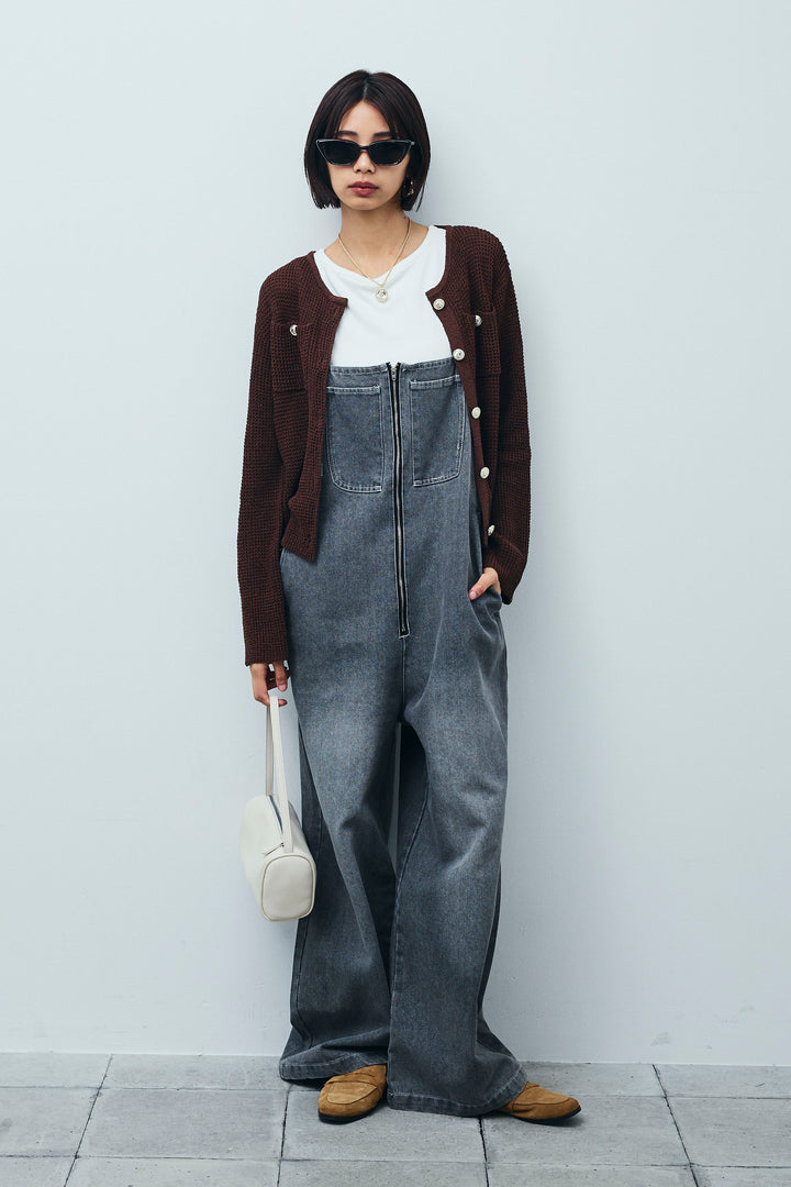 [予約/SET]リネンタッチ金ボタンカーデ+フロントジップストラップデザインデニムサロペット(2set)