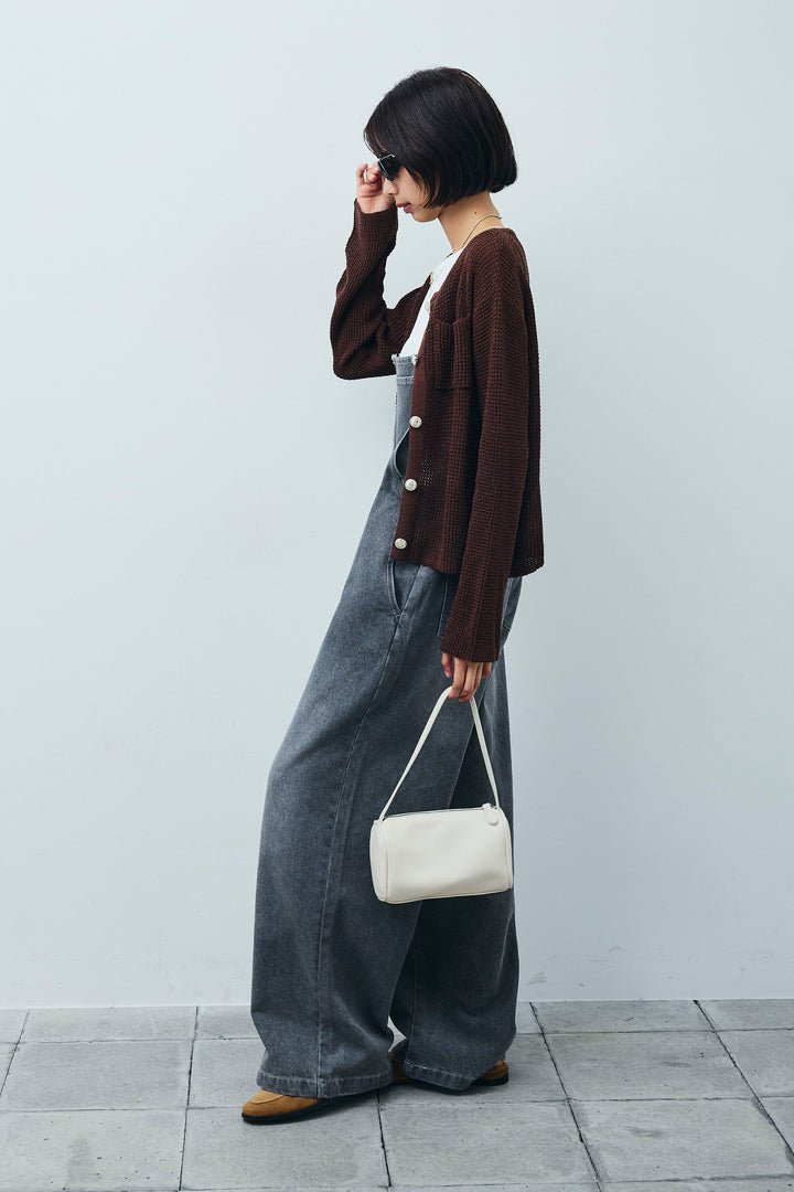 [予約/SET]リネンタッチ金ボタンカーデ+フロントジップストラップデザインデニムサロペット(2set)