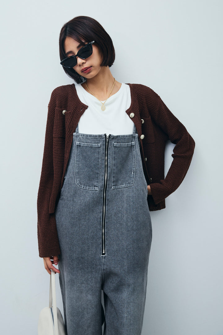[予約/SET]リネンタッチ金ボタンカーデ+フロントジップストラップデザインデニムサロペット(2set)