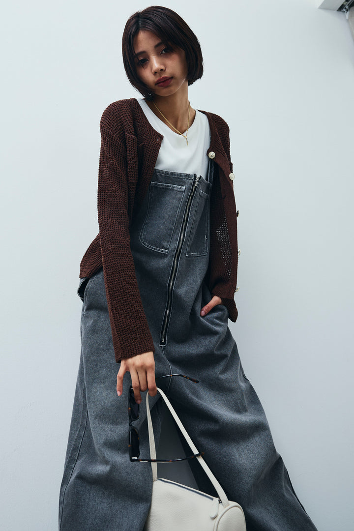 [予約/SET]リネンタッチ金ボタンカーデ+テレコリブカップ付きノースリーブ トップス+フロントジップストラップデザインデニムサロペット(3set)