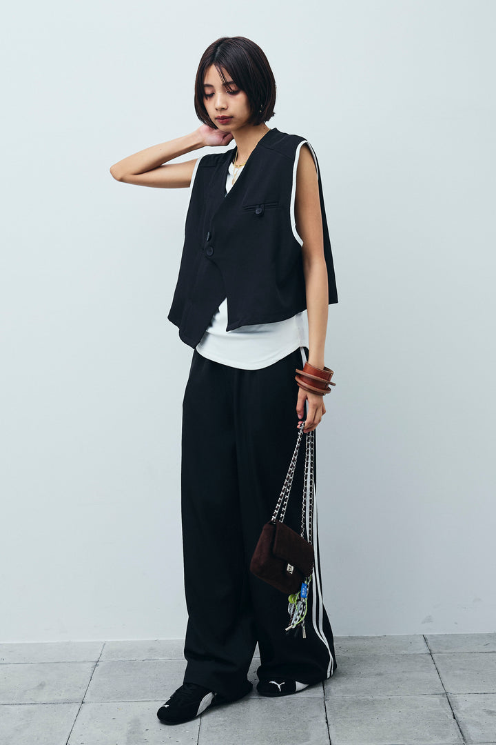 [予約/SET]アシンメトリーデザインジレ+サイドラインワイドパンツ(2set)