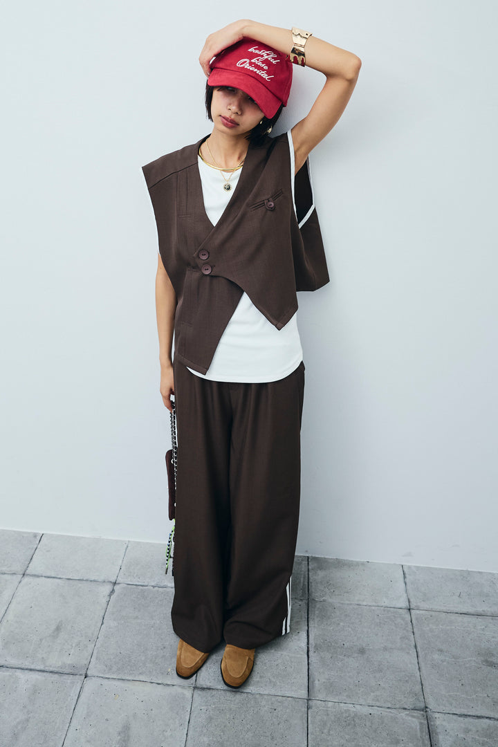 [予約/SET]アシンメトリーデザインジレ+サイドラインワイドパンツ(2set)