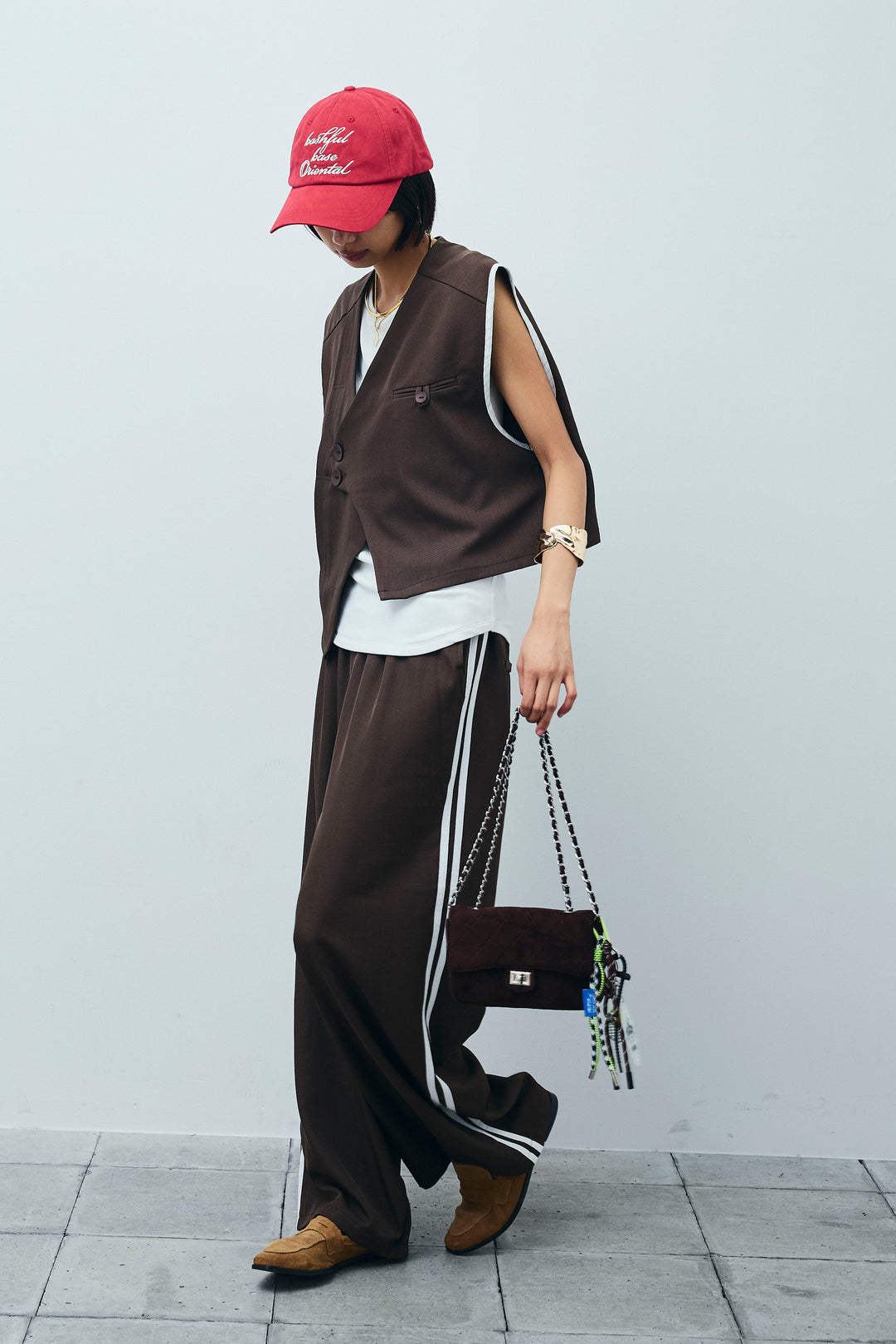 [予約/SET]アシンメトリーデザインジレ+サイドラインワイドパンツ(2set)