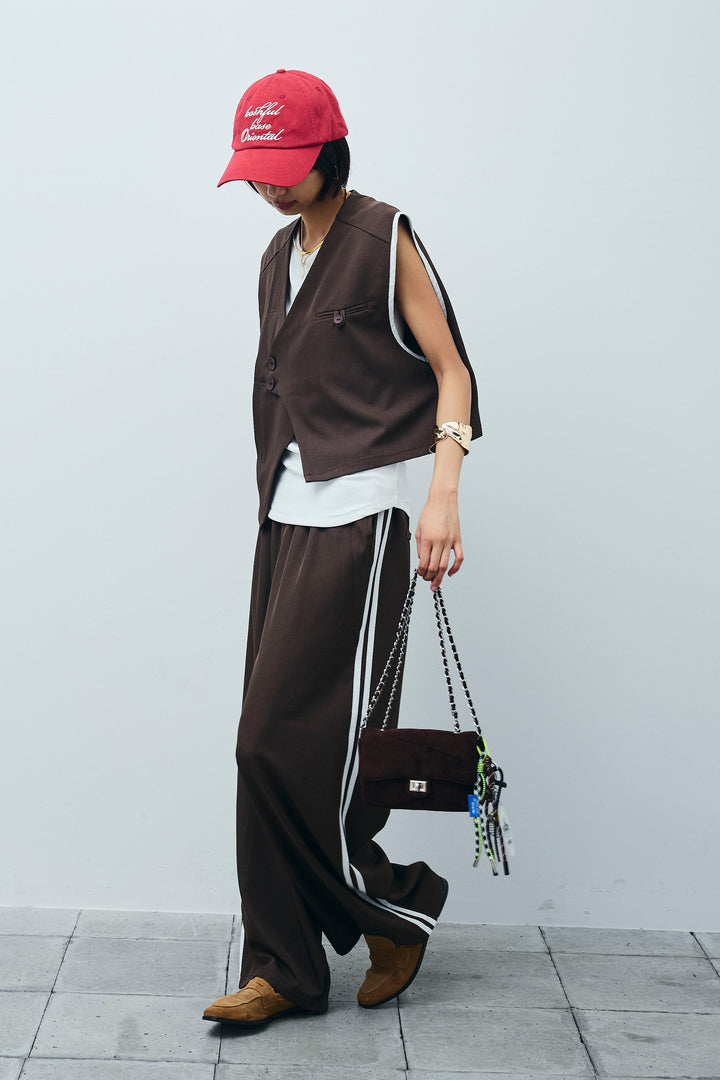 [予約/SET]アシンメトリーデザインジレ+サイドラインワイドパンツ(2set)