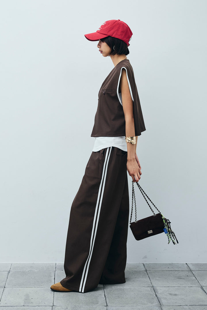 [予約/SET]アシンメトリーデザインジレ+サイドラインワイドパンツ(2set)