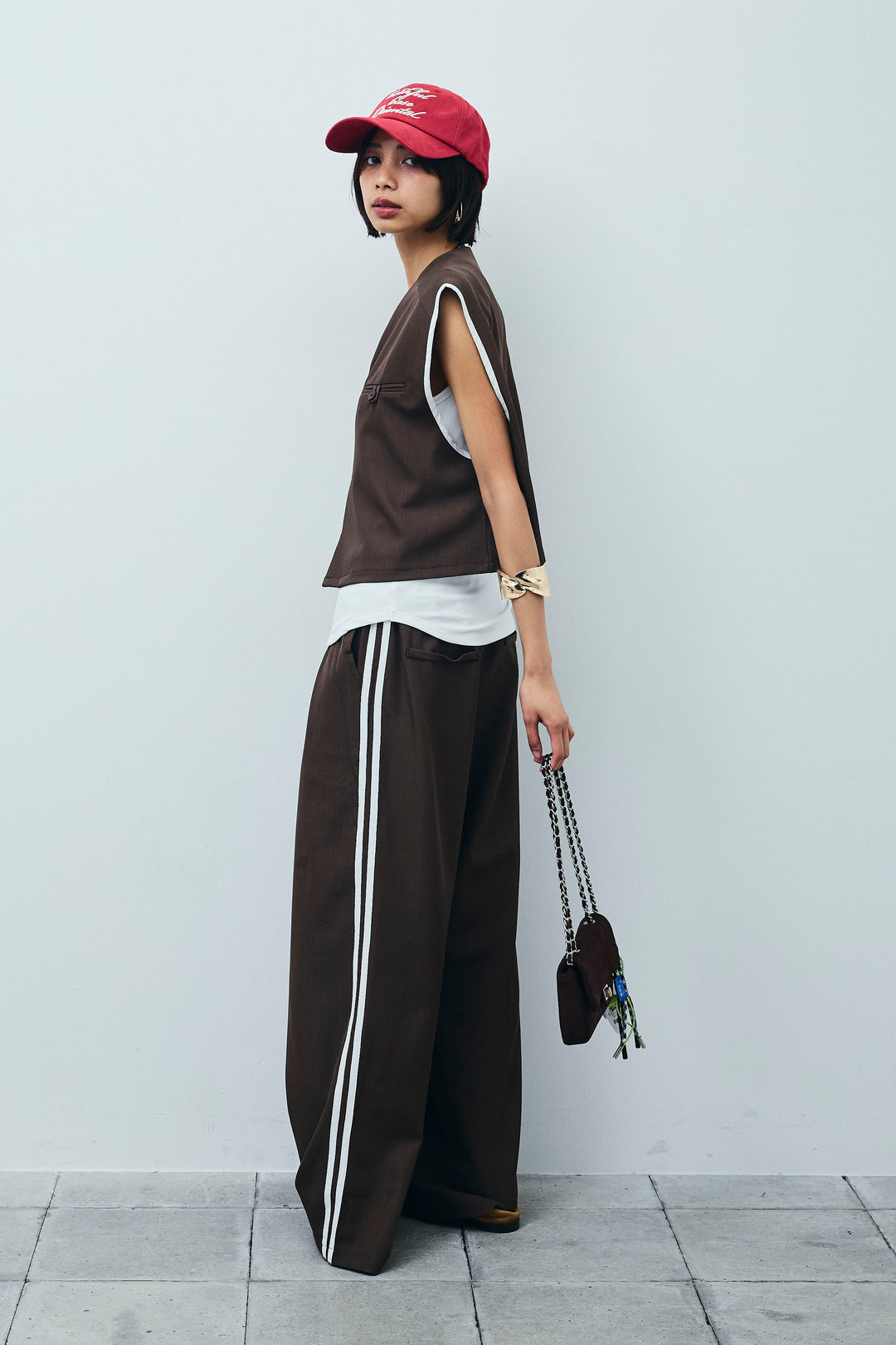 [予約/SET]アシンメトリーデザインジレ+サイドラインワイドパンツ(2set)