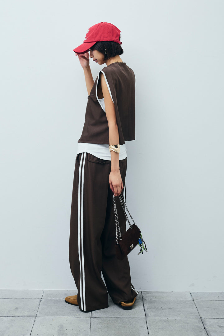 [予約/SET]アシンメトリーデザインジレ+サイドラインワイドパンツ(2set)