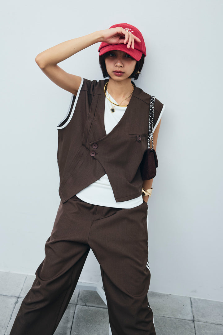 [予約/SET]アシンメトリーデザインジレ+サイドラインワイドパンツ(2set)