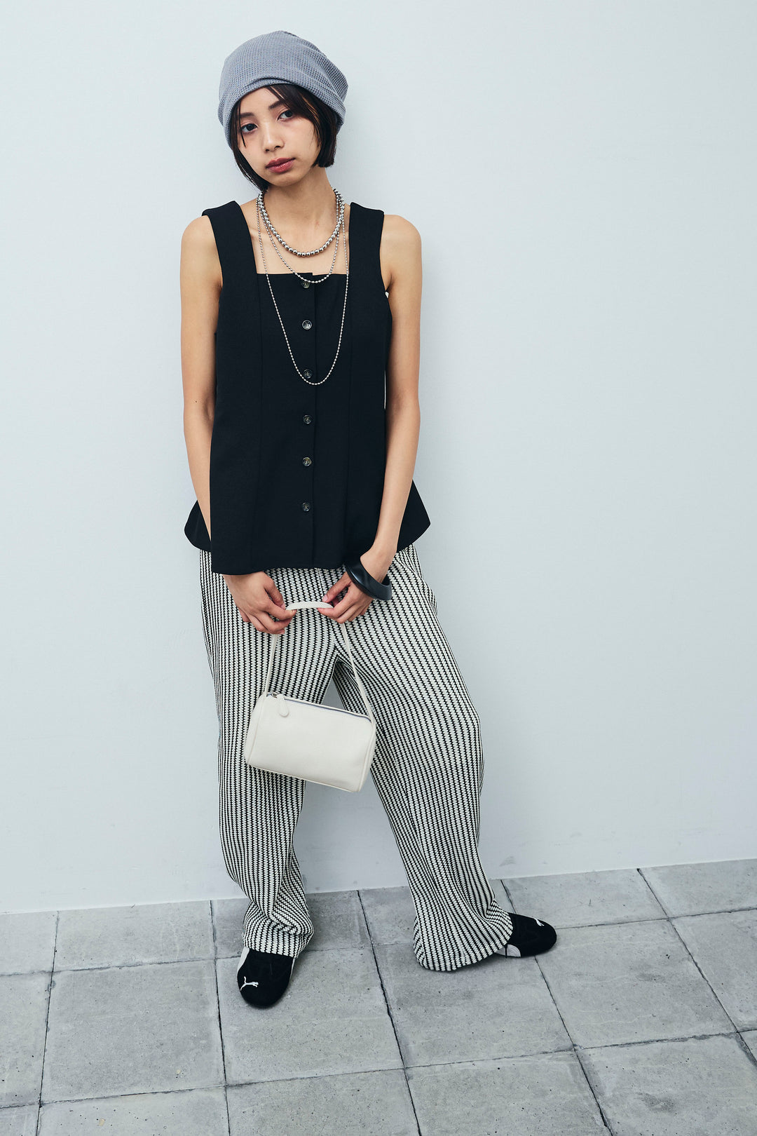 [予約/SET]ノースリーブフロントボタントップス+ストライプレースイージーPT(2set)